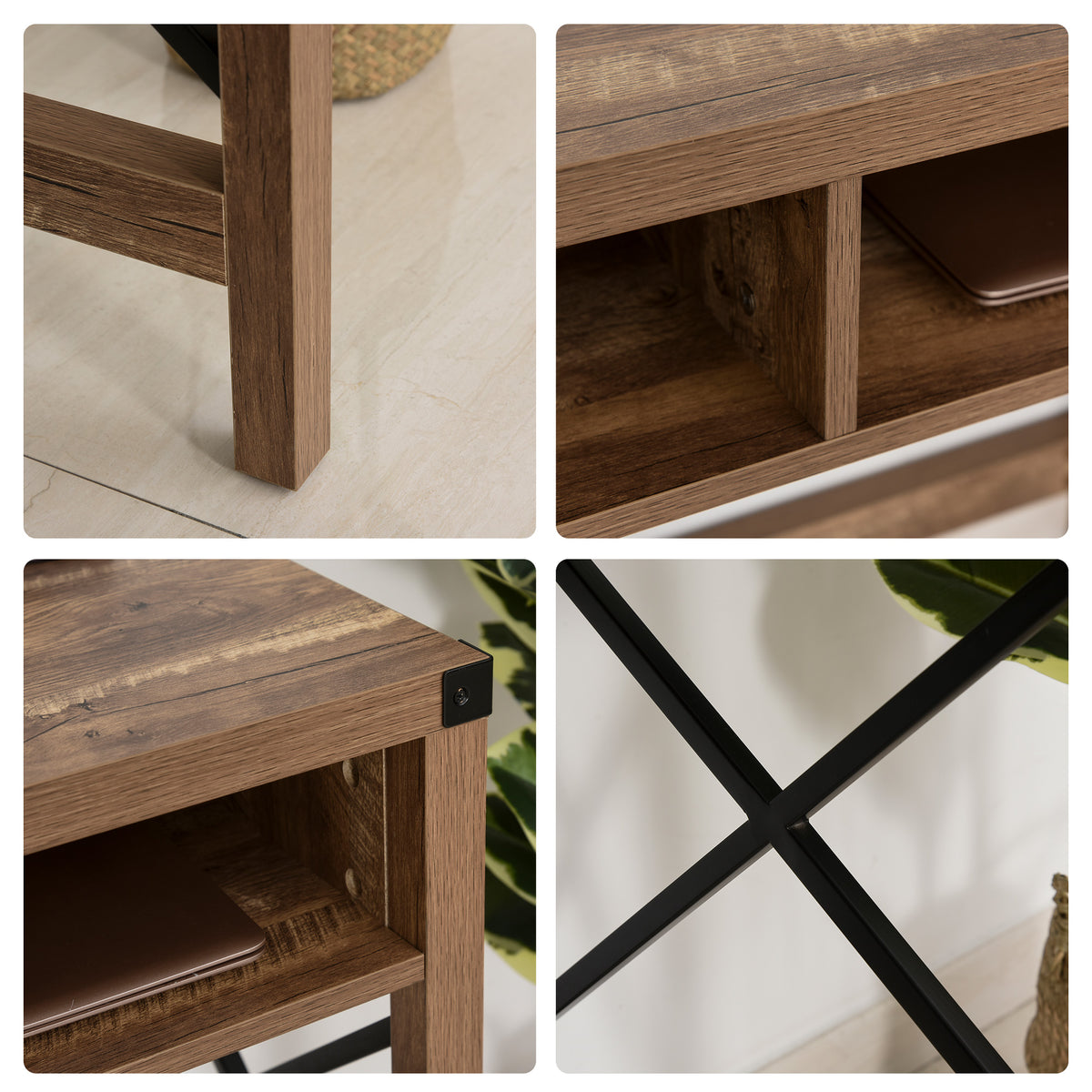 Bureau Design Industriel Grand Plateau 2 niches métal Noir Panneaux Particules Imitation Bois veinage Marron-5