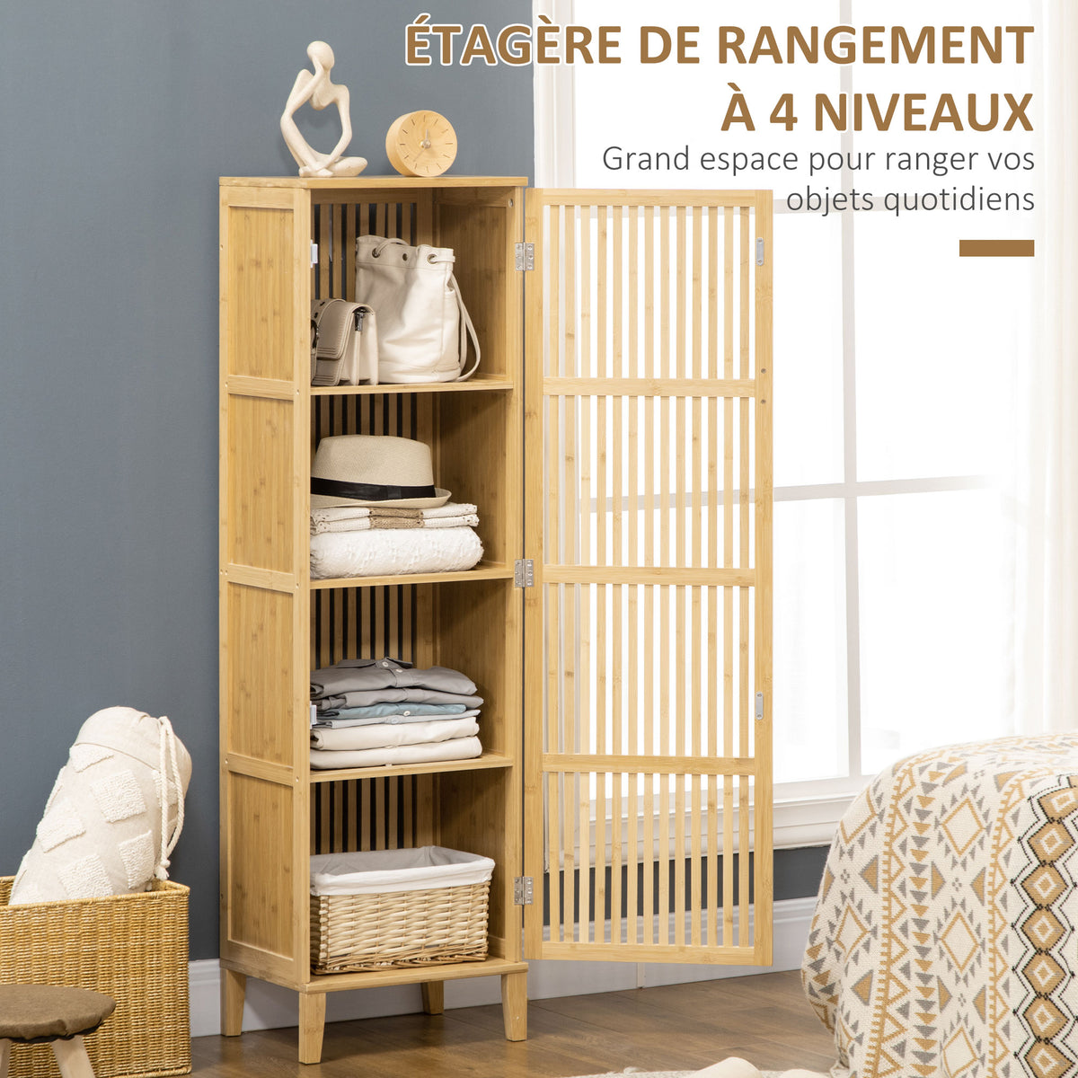Meuble de rangement en bambou avec étagères et porte design à lamelles pour salle de bain chambre salon 40 x 30 x 140 cm-3