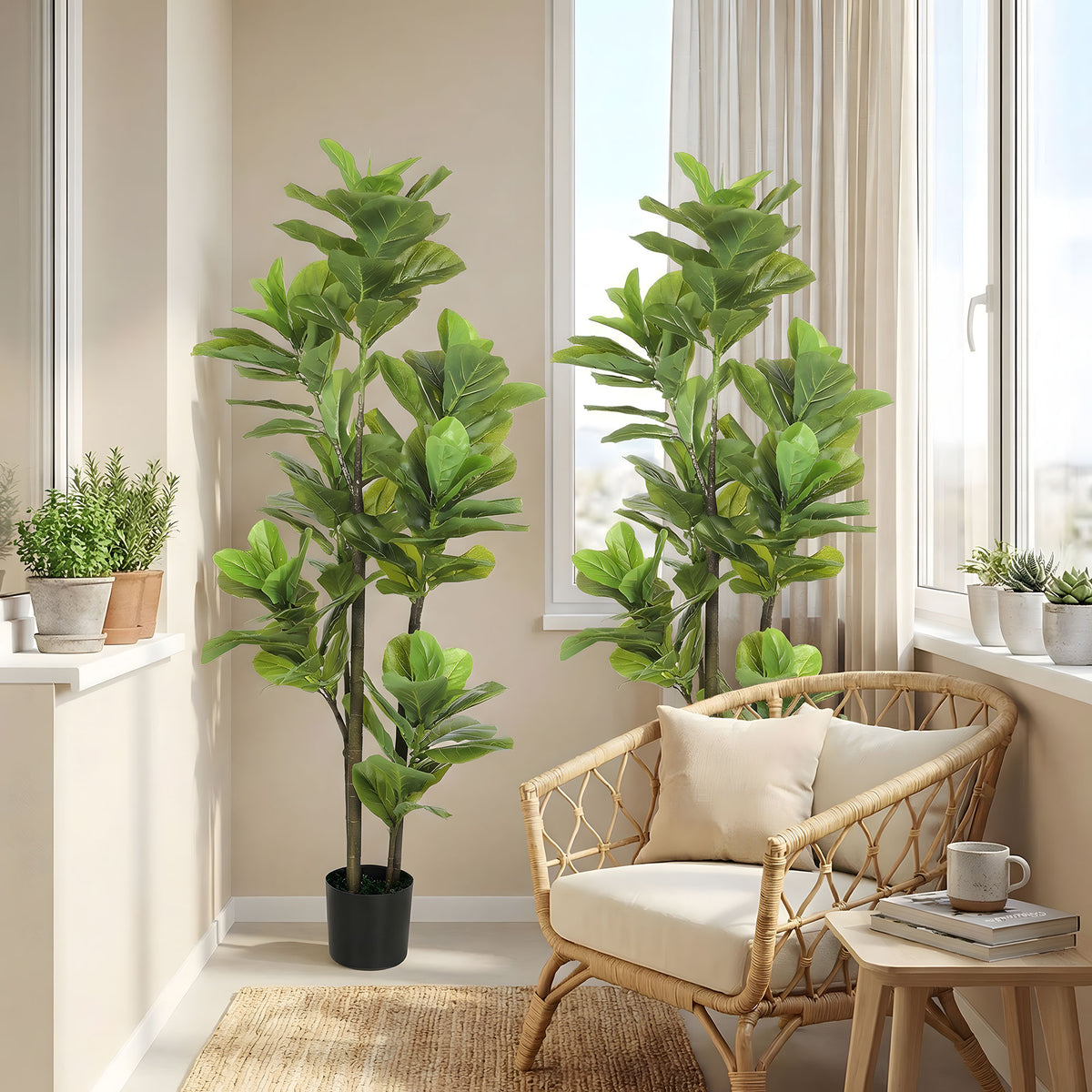 Lot de 2 plantes artificielles intérieures 150 cm, fausse plante à figuier lyre avec pot en ciment, vert-8