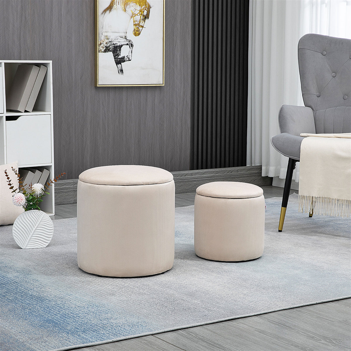 Lot de 2 poufs tabourets repose-pieds coffre de rangement en tissu aspect velours côtelé Ø40 cm et Ø30 cm, crème-1