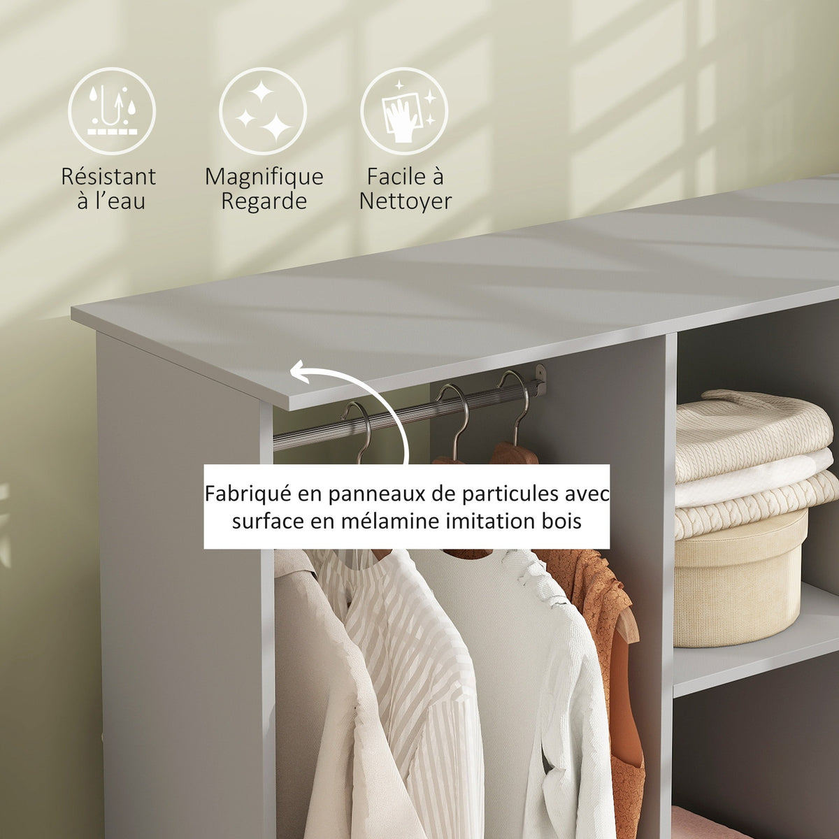 Armoire penderie meuble de rangement mobile 6 roulettes 120 x 40 x 128 cm en bois gris-3