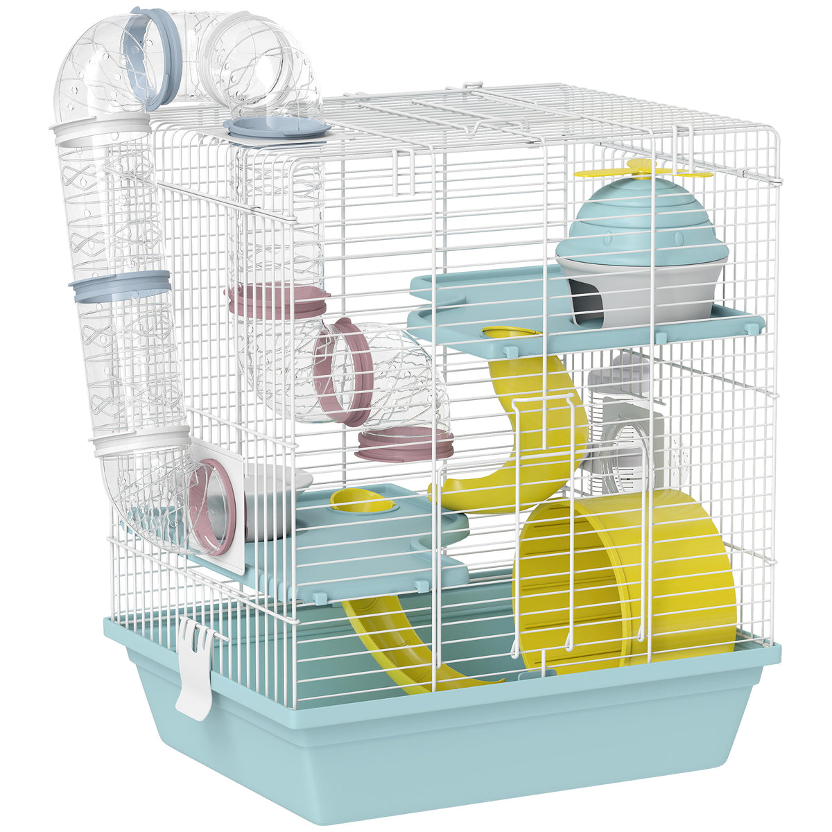 Cage hamster, cage rongeur à 3 niveaux, avec roue d'exercice, tunnel de jeu, gamelle, cabane, 34,5 x 27,5 x 41 cm, bleu-0