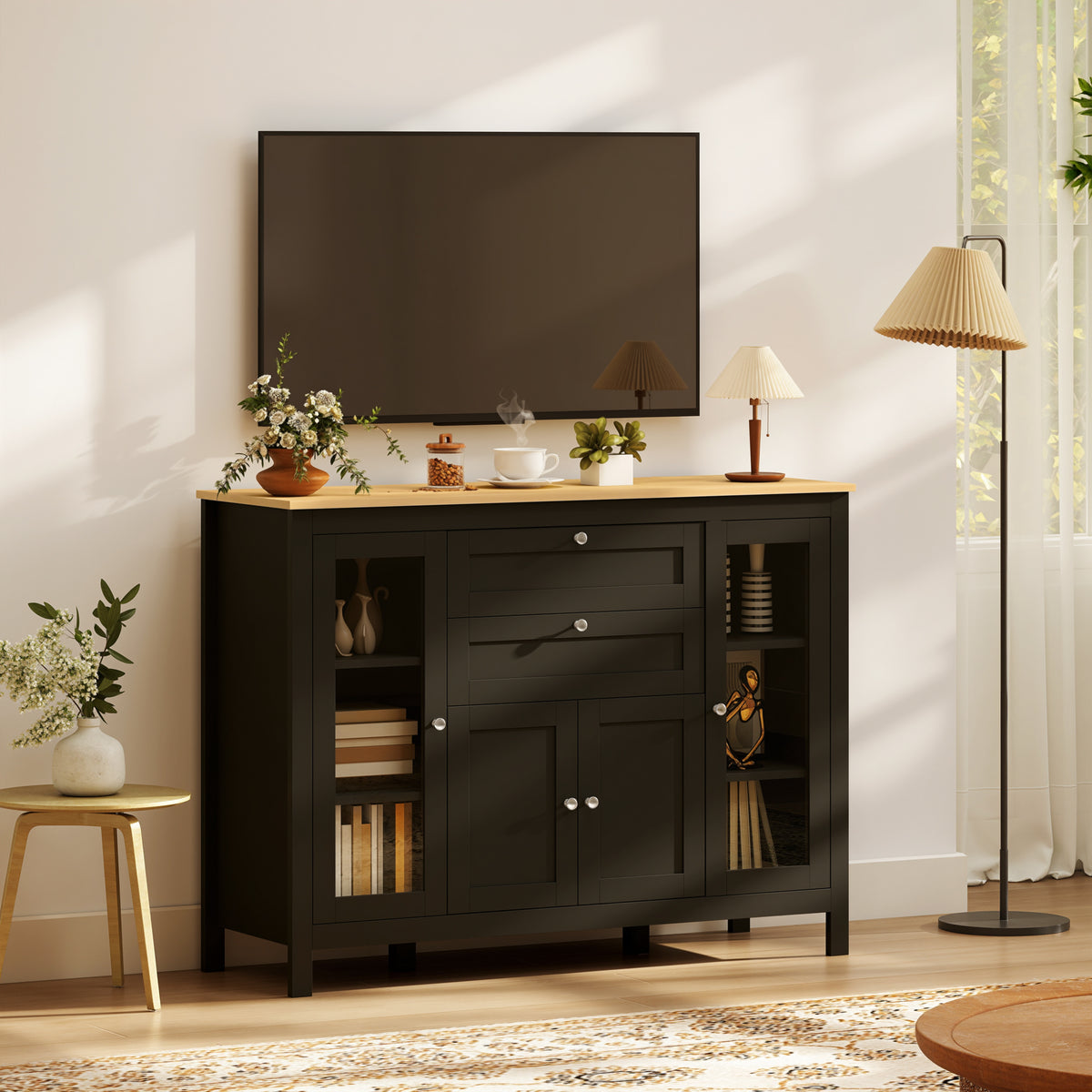 Buffet meuble de rangement 1 placard double porte 2 placards à porte vitrée 2 tiroirs étagère réglable 120x40x90cm noir-8