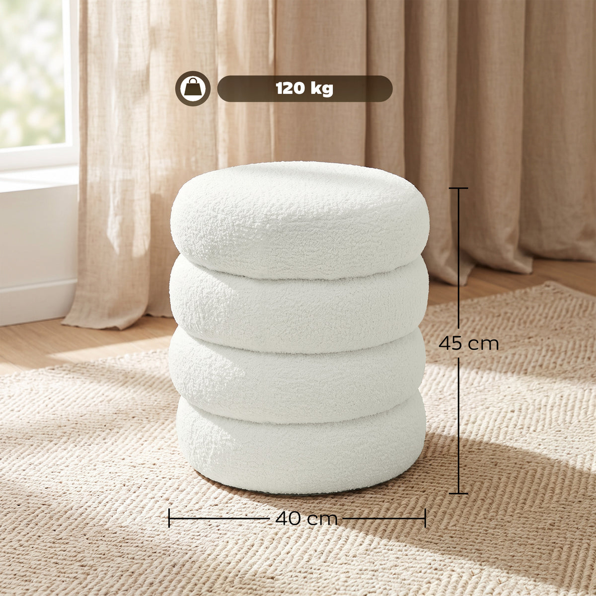 Repose pied salon, tabouret ottoman rond rembourré en peluche Teddy, pour chambre à coucher, entrée, Ø 40 x 45 cm, blanc-2