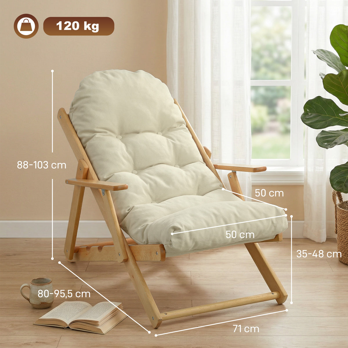 Fauteuil Chaise de Salon Pliable et inclinable en Bois Fauteuil Relax Confortable avec Coussin capitonné épais-2