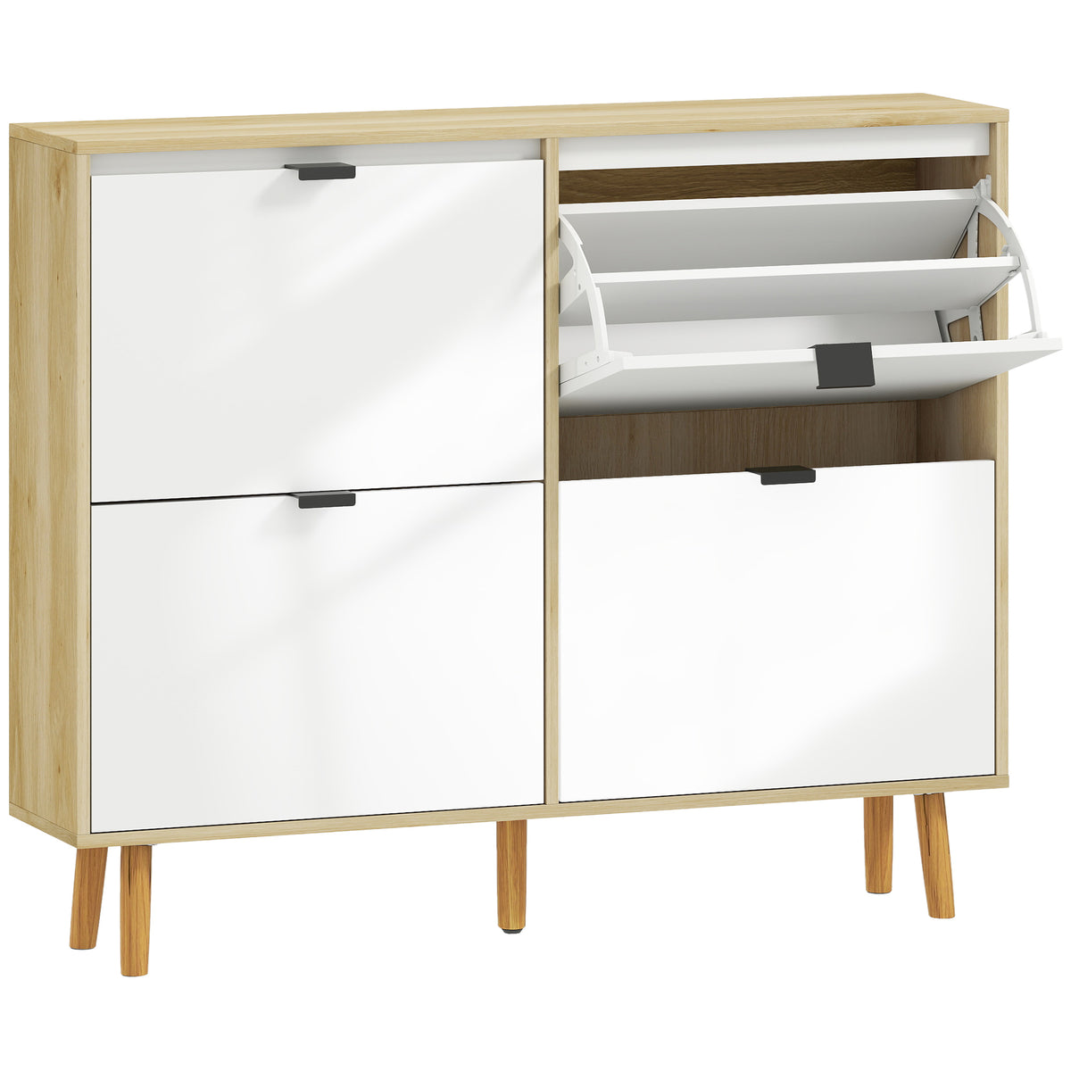 Meuble à chaussures, armoire à chaussures étroite, 4 tiroirs rabattables, porte haute brillante, 105x24x92,5cm, blanc-0