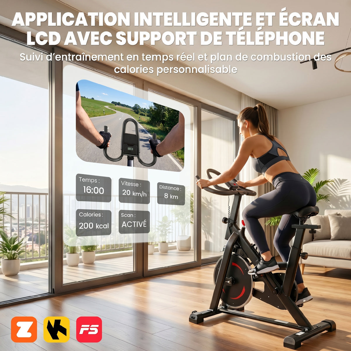 Vélo d'Appartement Silencieux avec Résistance Magnétique Réglable, APP Connectez, Écran LCD, 111,5x52,5x114,5cm, Noir-3
