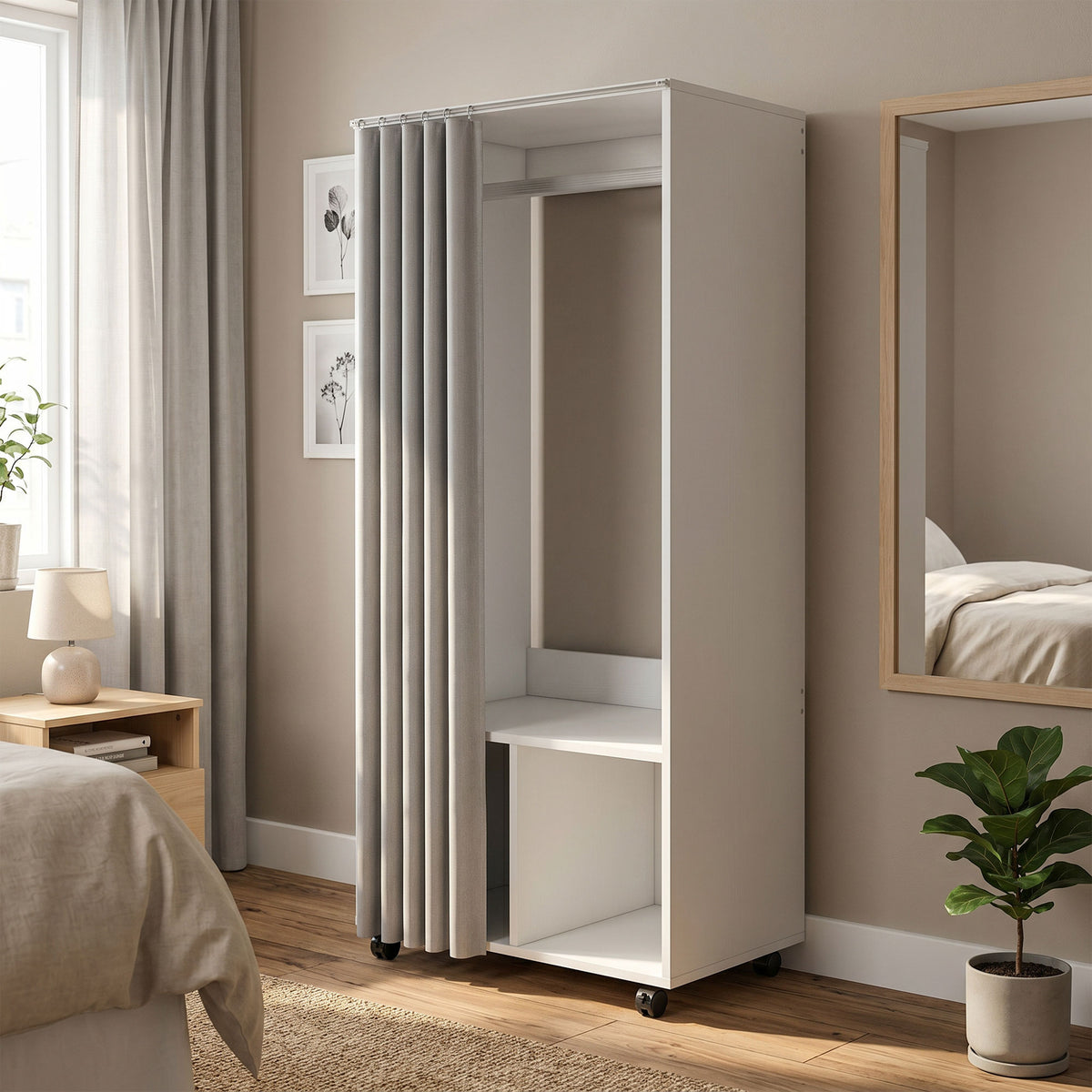 Armoire penderie armoire de rangement mobile avec rideau, tringle de suspension, 60 x 40 x 128 cm, blanc-1