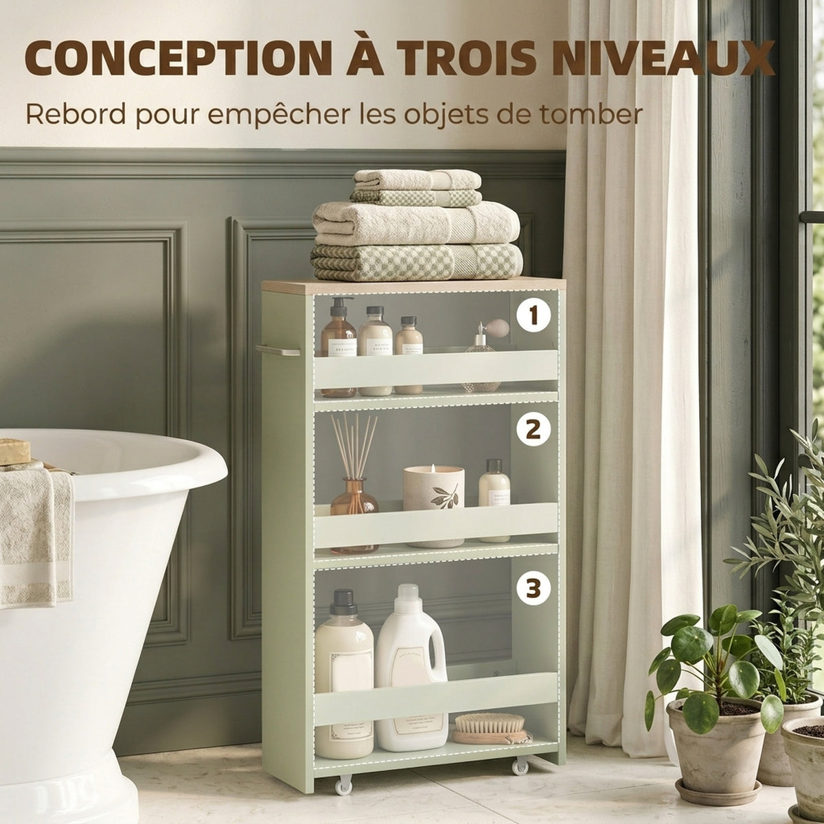 Chariot de rangement à 3 niveaux chariot de stockage étagère sur roulettes avec poignée - 48 x 15 x 80 cm vert-3