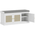Banc chaussures entrée 9 paires, banc de rangement, 3 portes en rotin, coussin et étagère réglable, 105x35x47cm, blanc-0