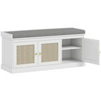 Banc chaussures entrée 9 paires, banc de rangement, 3 portes en rotin, coussin et étagère réglable, 105x35x47cm, blanc-0
