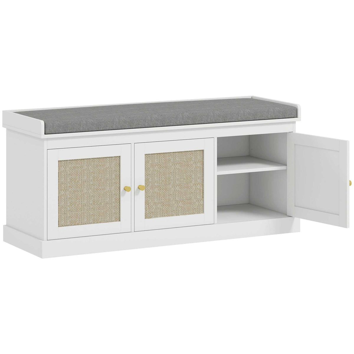 Banc chaussures entrée 9 paires, banc de rangement, 3 portes en rotin, coussin et étagère réglable, 105x35x47cm, blanc-0