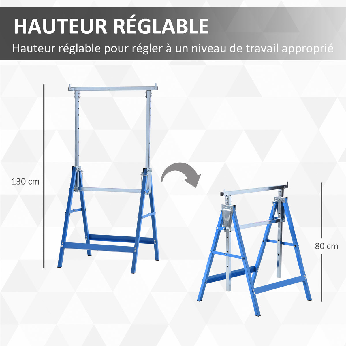Lot de 2 Tréteaux Pliables Télescopiques Hauteur Réglable 80-130 cm Acier Bleu-3