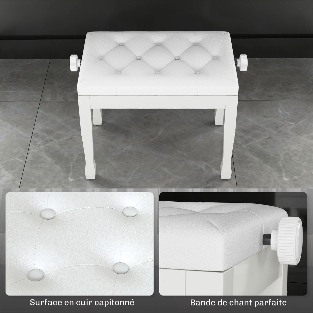 Banc de piano, banc de clavier réglable en hauteur en bois massif, siège rembourré, 64 x 35 x 45-55 cm, blanc-4