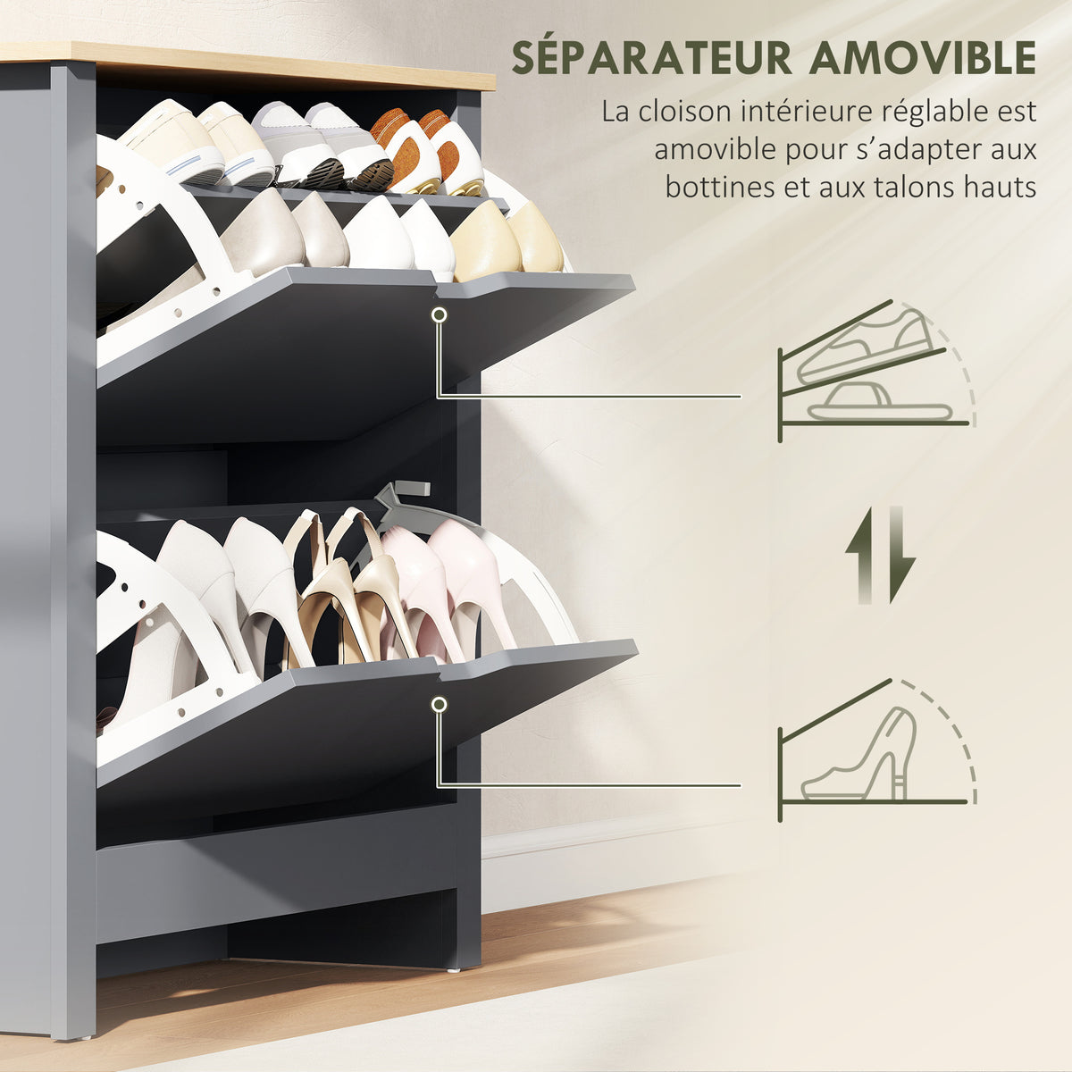 Meuble à chaussures 12 paires, armoire à chaussures étroite avec 2 tiroirs rabattables et étagères réglables, gris foncé-5