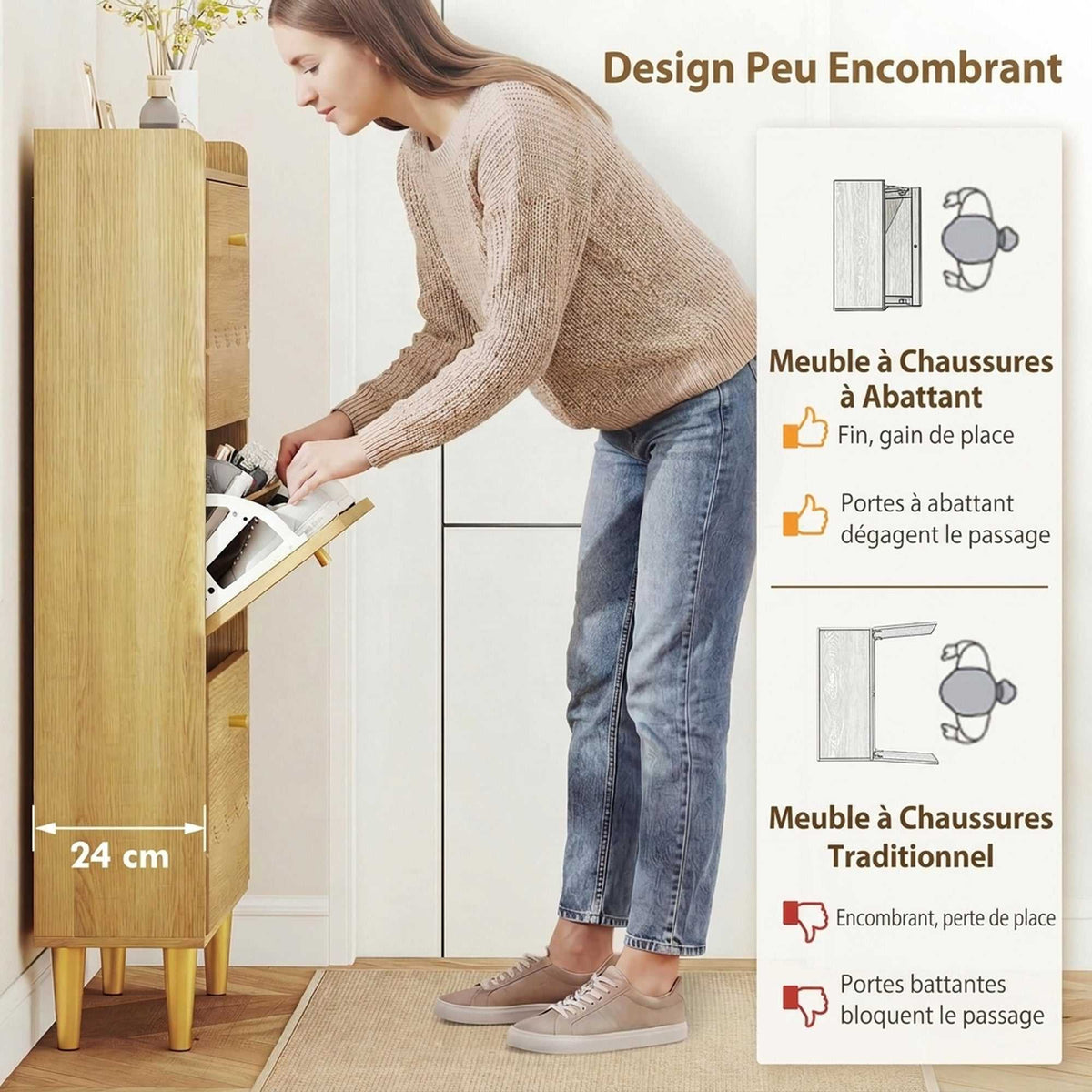 Meuble à chaussures 18 paires, armoire à chaussures étroite, 3 tiroirs rabattables étagères réglables, 60x24x128cm, chêne-3
