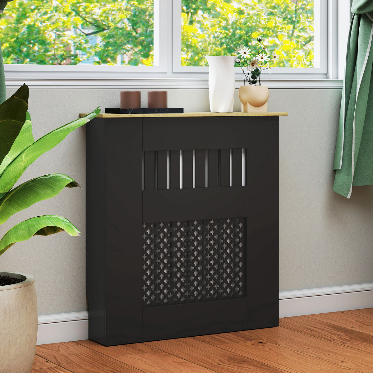 Couvercle de Radiateur en Bois à Lattes avec Détails Croisés et Étagère Supérieure, 78 x 19 x 81 cm, Noir-8