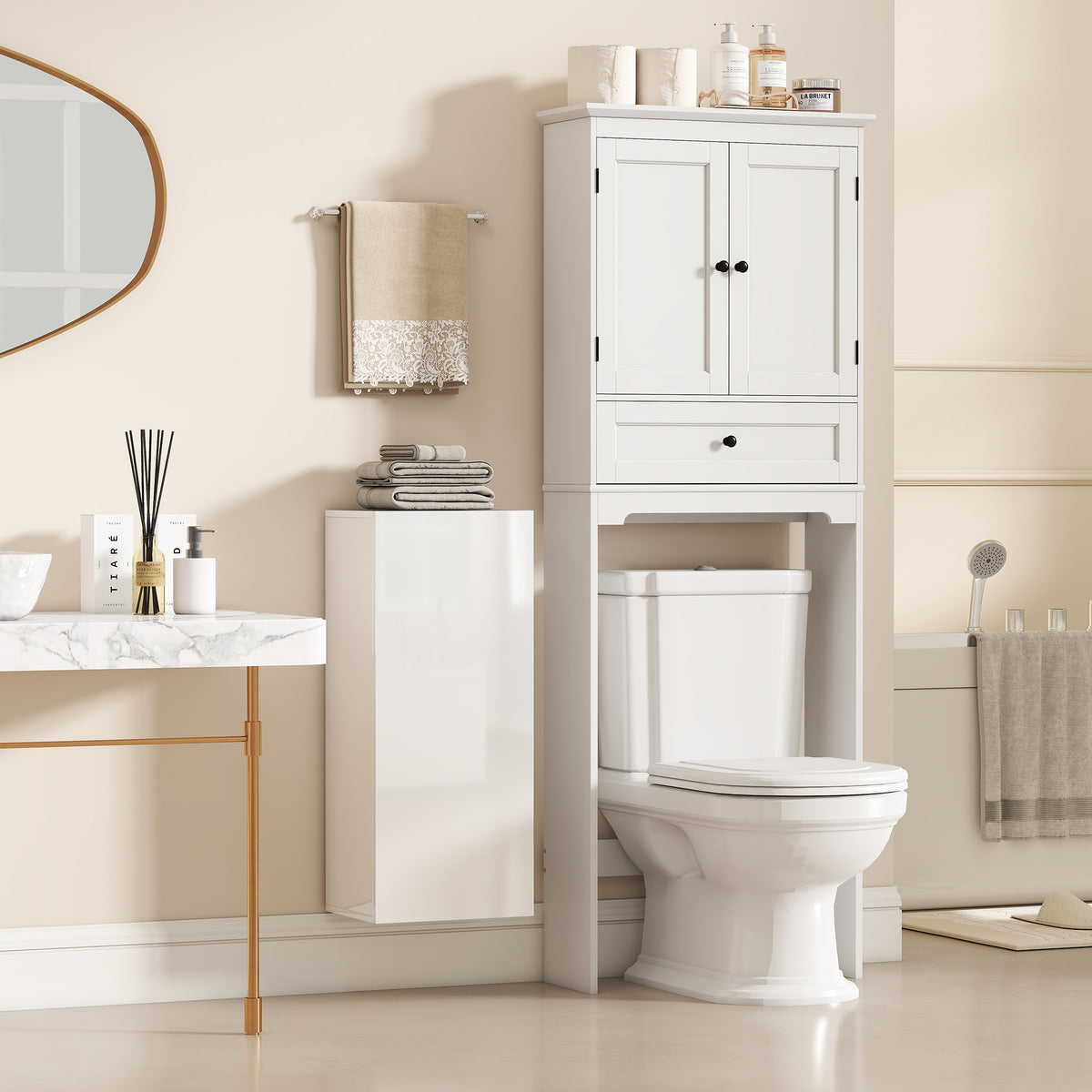 Meuble Mural de Salle de Bain, Étagère Réglable en Verre Trempé, Porte sans Poignée, Moderne, 30x23,4x71,2cm, Blanc-7