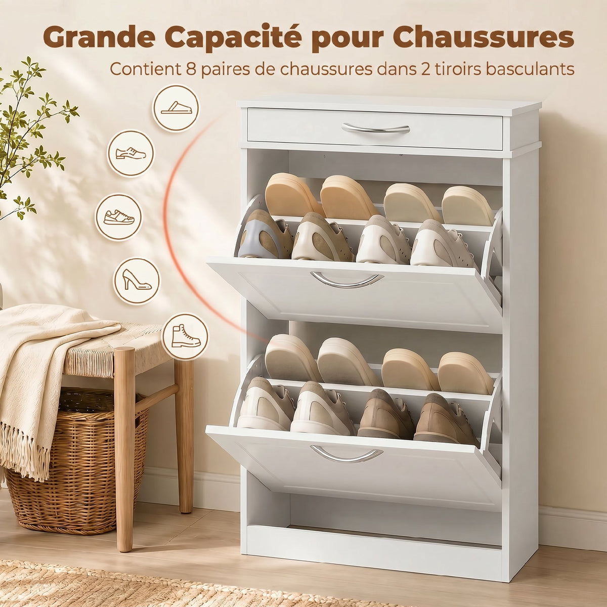 Meuble chaussure 8 paires, armoire à chaussures étroit avec tiroir et 2 portes abattants et étagère réglable, blanc-3