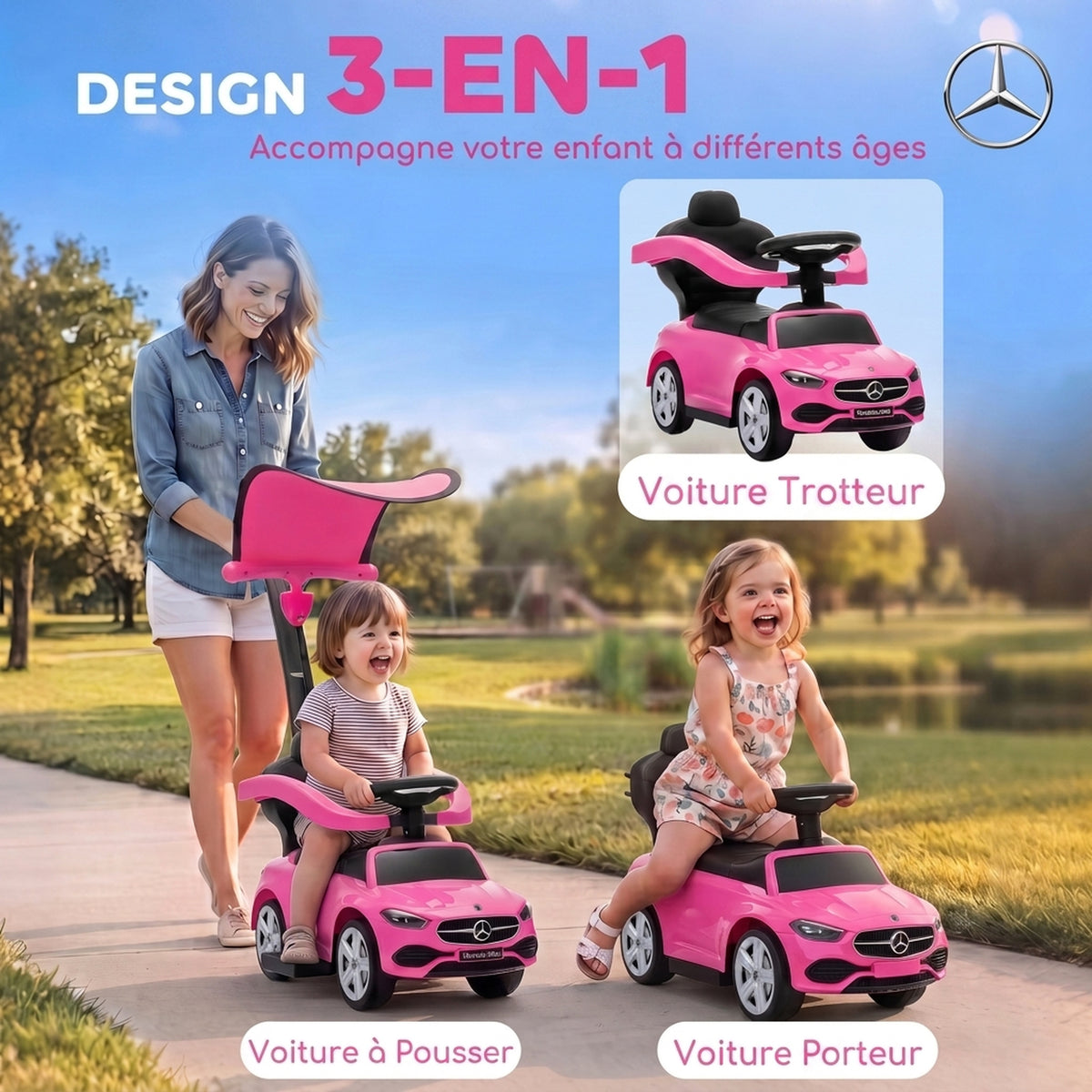 Porteur Enfants 3 en 1 Mercedes-Benz sous Licence, Garde-Corps, Espace de Rangement, Klaxon, 83x40x90cm, Rose-3