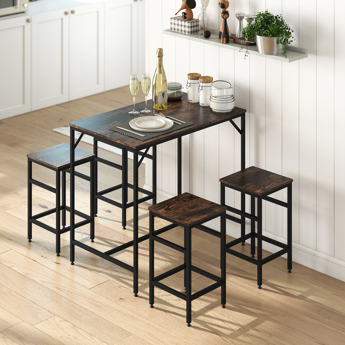 Ensemble table de bar industriel + 4 tabourets repose-pieds en bois couleur chêne cadre en métal noir-1