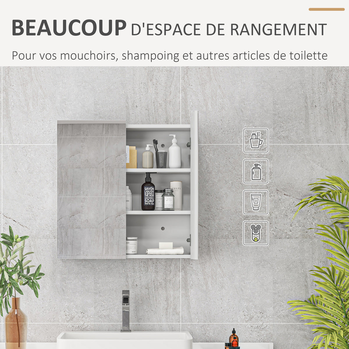 Armoire murale de salle de bain miroir placard de rangement 2 portes 3 niveaux étagère réglable 60 x 15 x 60 cm blanc-3