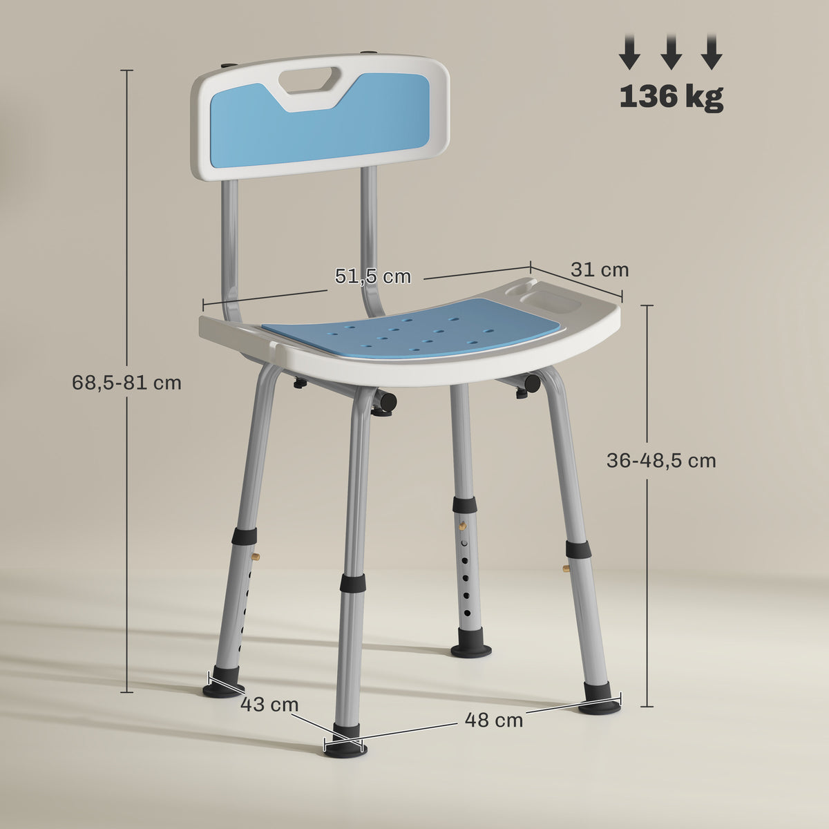 Tabouret de douche pour personnes âgées et handicapées hauteur réglable patins antidérapants support de pomme de douche-2