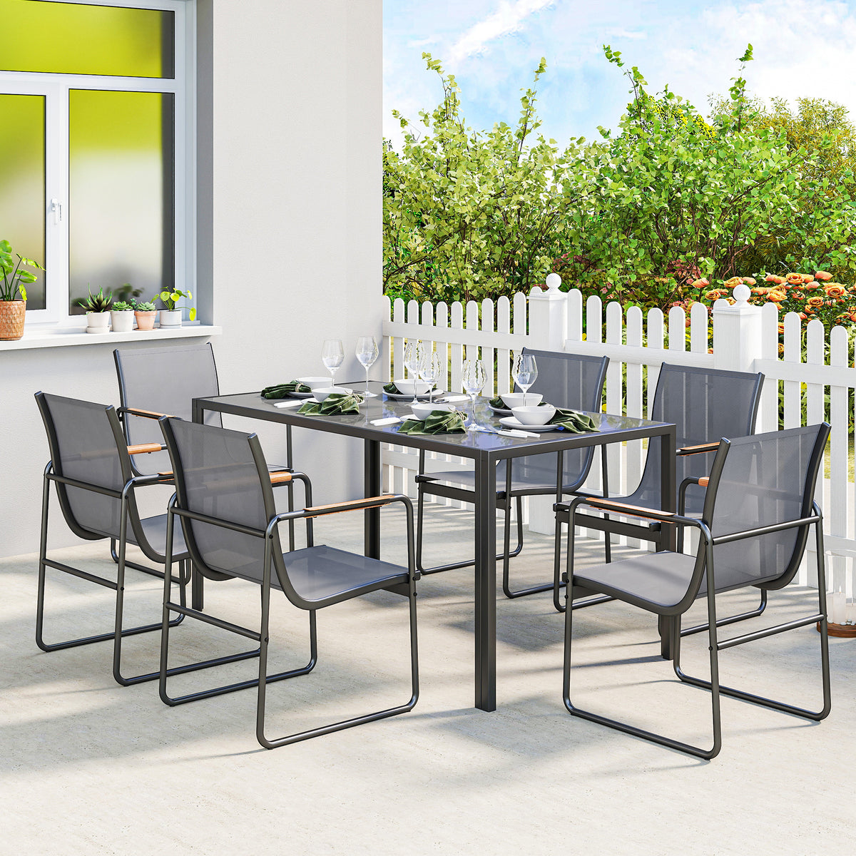 Ensemble de Salle à Manger d'Extérieur 7 Pièces pour 6 Personnes, Table en Verre et Chaises en Maille avec Accoudoirs Décoratifs, Gris-1