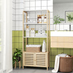 Colonne de salle de bain armoire de rangement en bambou 3 étagères 1 placard 63 x 30 x 138 cm bois naturel et blanc-9