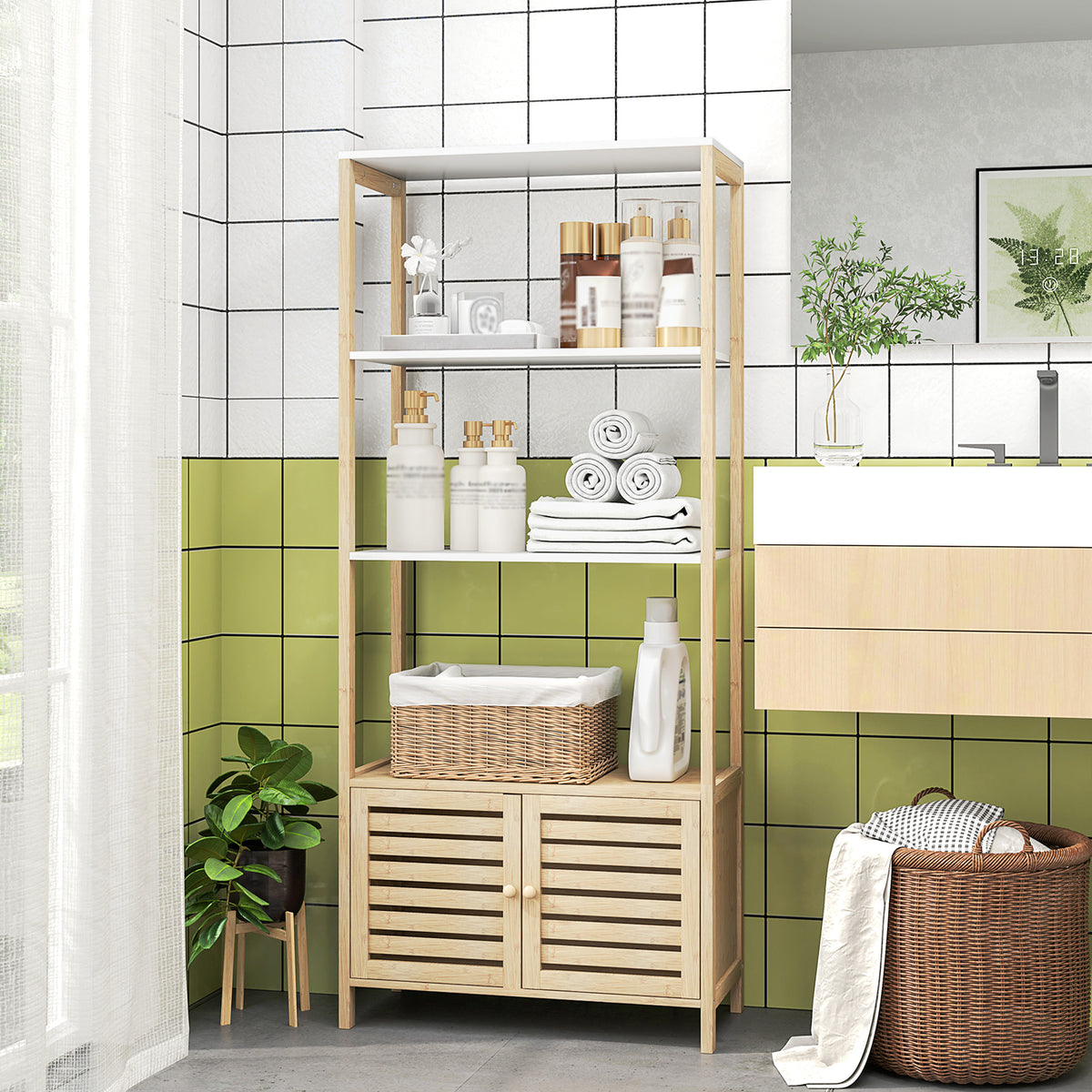 Colonne de salle de bain armoire de rangement en bambou 3 étagères 1 placard 63 x 30 x 138 cm bois naturel et blanc-9