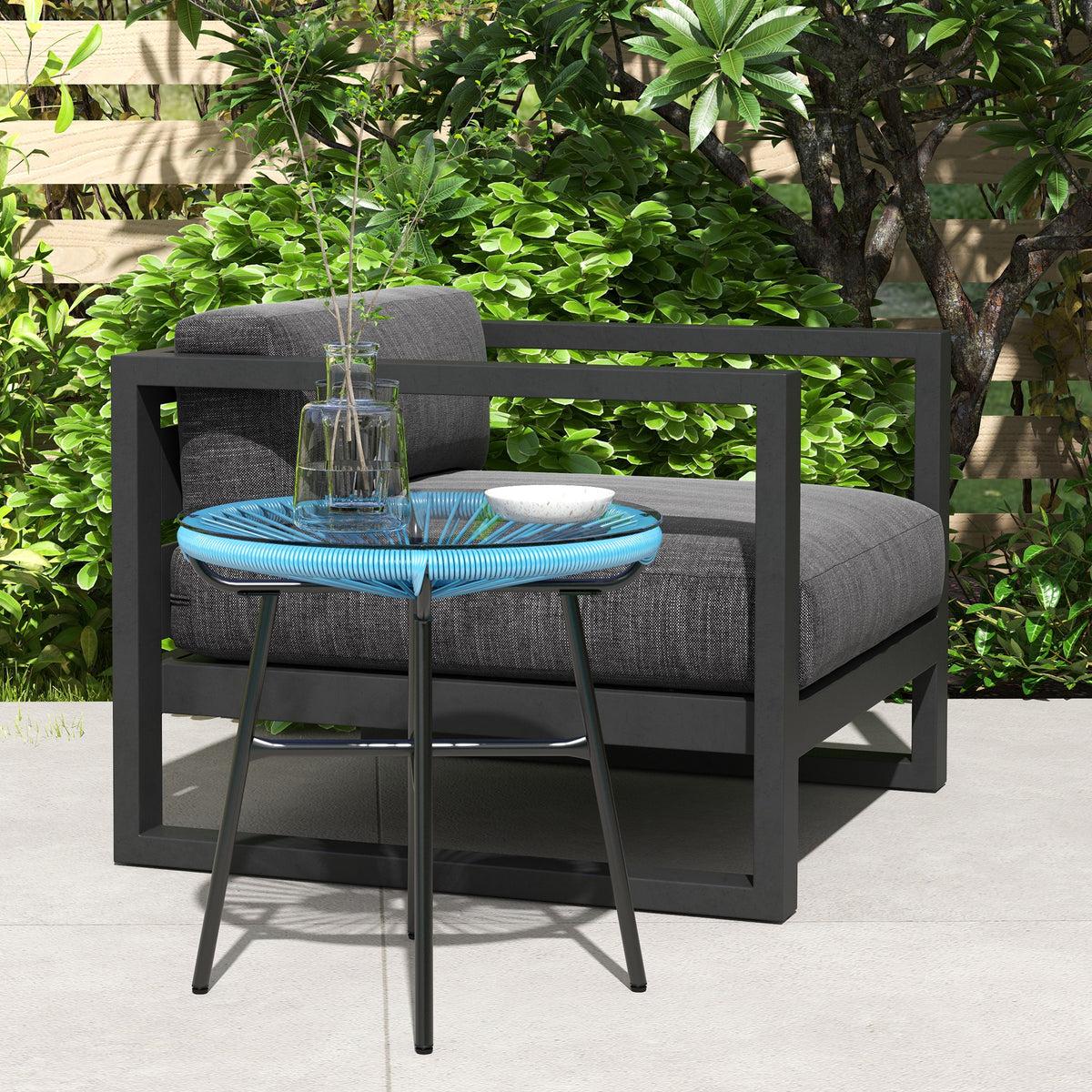 Table basse ronde de jardin en résine aspect rotin métal et plateau verre trempé Ø 50 x 50H cm-9