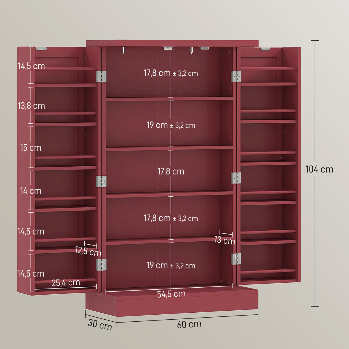 Armoire meuble de cuisine garde-manger 2 portes avec 5 étagères et 12 porte-épices - 60 x 30 x 104 cm - rouge-2