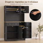 Buffet haut cuisine, armoire de cuisine, station de charge, 6 portes, plan de travail, porte-épices, 100x40x173cm, noir-4