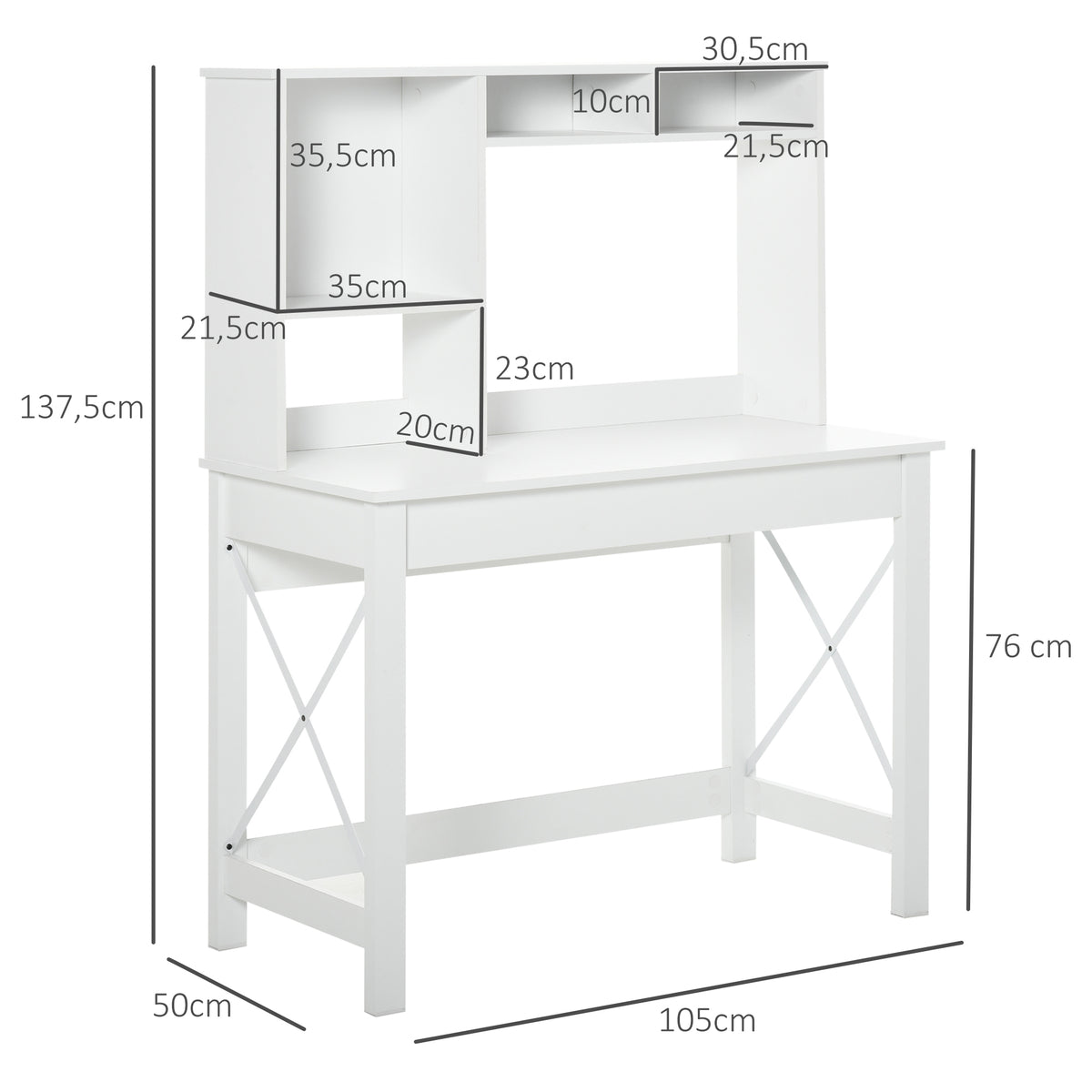 Bureau avec rangement bibliothèque en bois moderne avec étagères et grand plateau pour petits espaces maison chambre à coucher, 105 x 50 x 137,5 cm, blanc-2