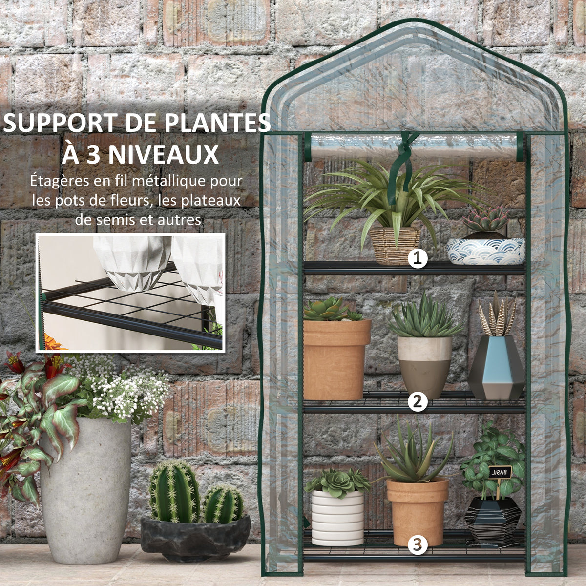 Serre de Jardin étagère 3 Niveaux dim. 59L x 39l x 127H cm métal thermolaqué Vert transparent-4