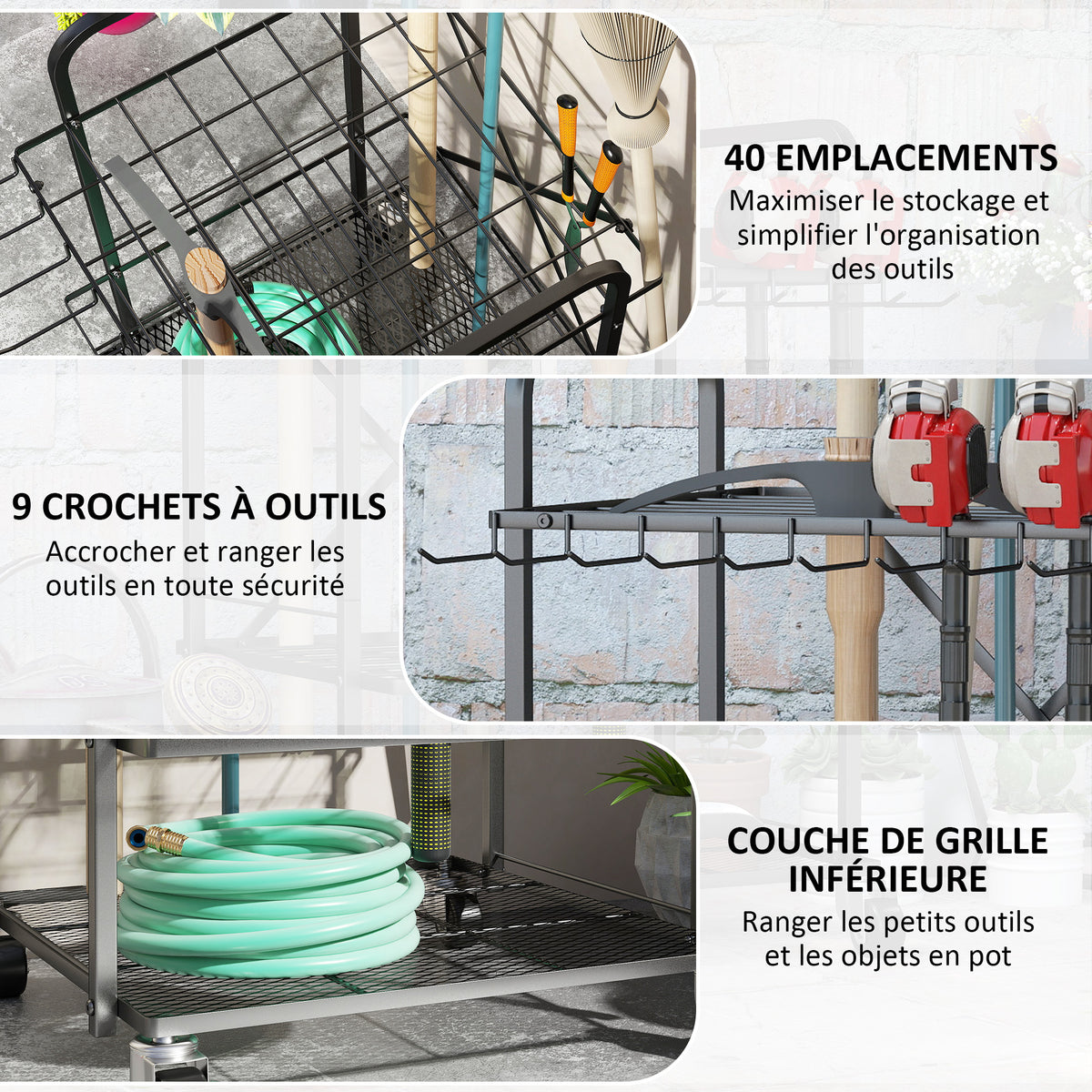 Organisateur d'outils de jardin, support à outils de jardin 40 compartiments à 2 niveaux avec roues 57 x 48 x 70 cm noir-3