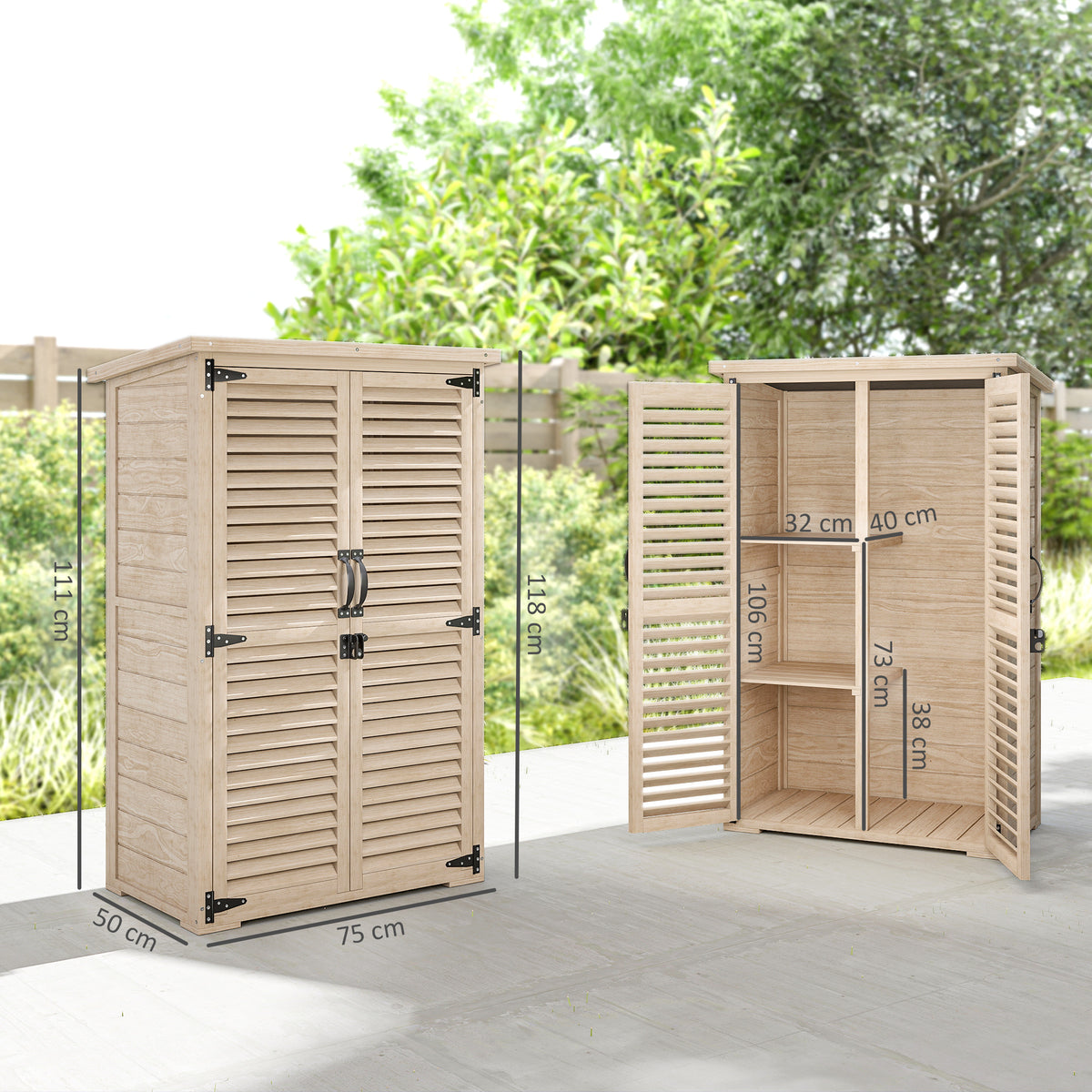 Armoire de jardin remise pour outils en bois 2 étagères toit bitumé portes persiennes verrouillable 75 x 50 x 118-2