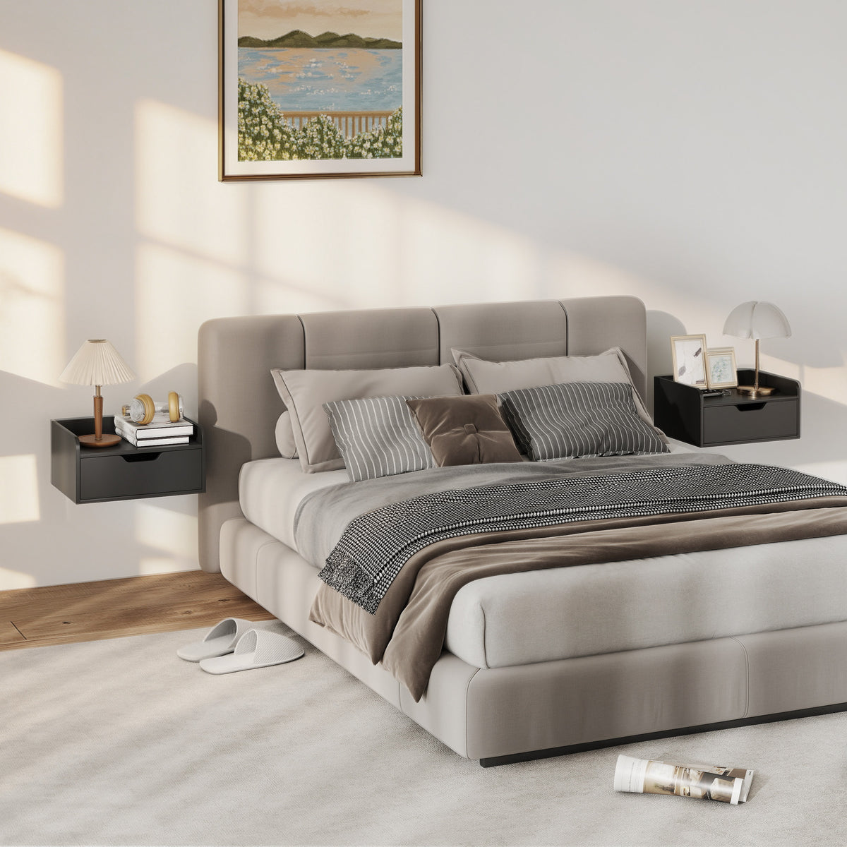 Lot de 2 tables de chevet murales tables de nuit suspendues tiroir plateau aspect bois dim. 40L x 30l x 19,5H cm-9