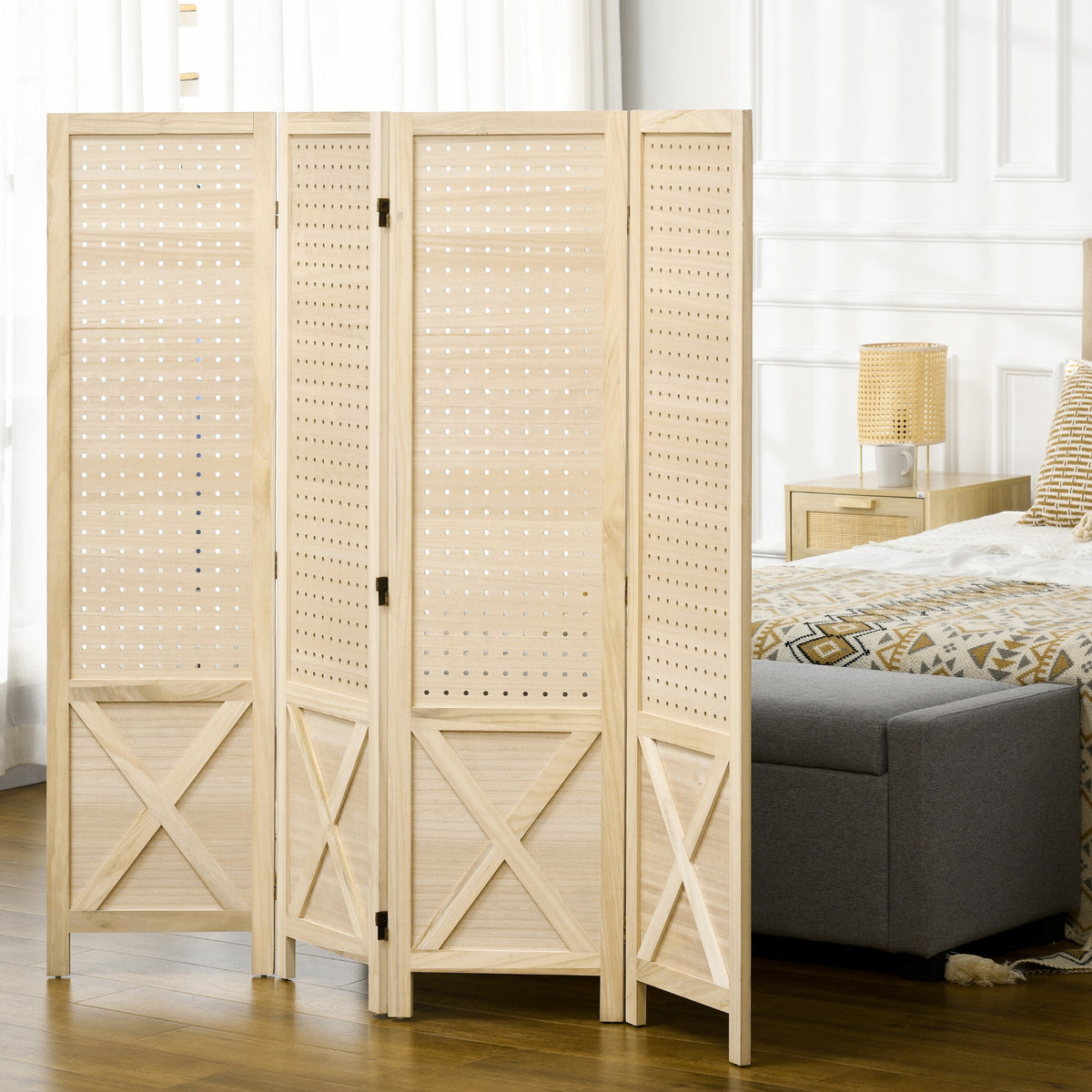 Paravent intérieur en bois 4 panneaux séparateur de pièce pliable panneau perforé 152 x 1,7 x 144,5 cm bois naturel-9