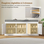 Banc chaussures entrée 9 paires, banc de rangement, 3 portes en rotin, coussin et étagère réglable, 105x35x47cm, blanc-4