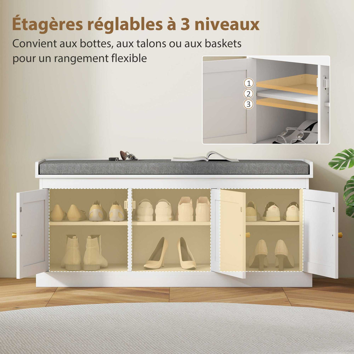 Banc chaussures entrée 9 paires, banc de rangement, 3 portes en rotin, coussin et étagère réglable, 105x35x47cm, blanc-4