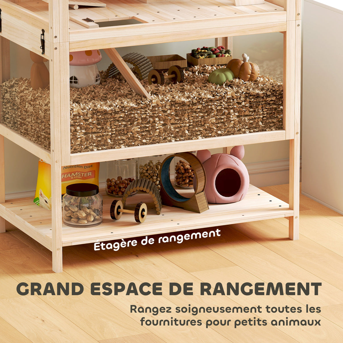 Cage pour hamster habitat pour rongeur 3 étages avec panneau acrylique et roue 80x53x117cm effet bois naturel-5