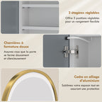 Armoire murale salle de bain avec miroir et éclairage LED, porte arquée, anti-buée, 50x14,5x70cm, doré-6