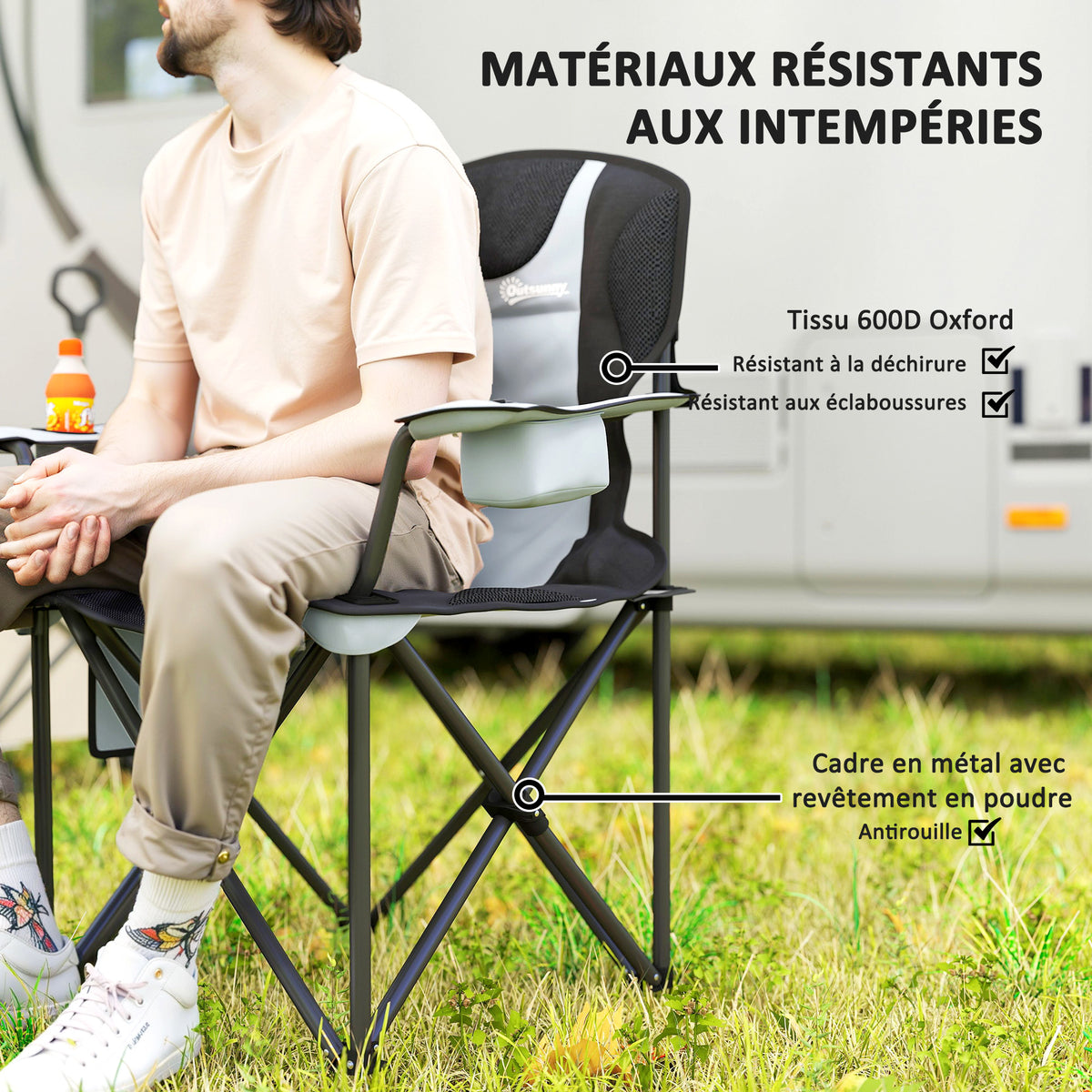 Chaise de camping pliante avec accoudoirs réglables, porte-gobelets, poches latérales et sac de refroidissement, noir-4