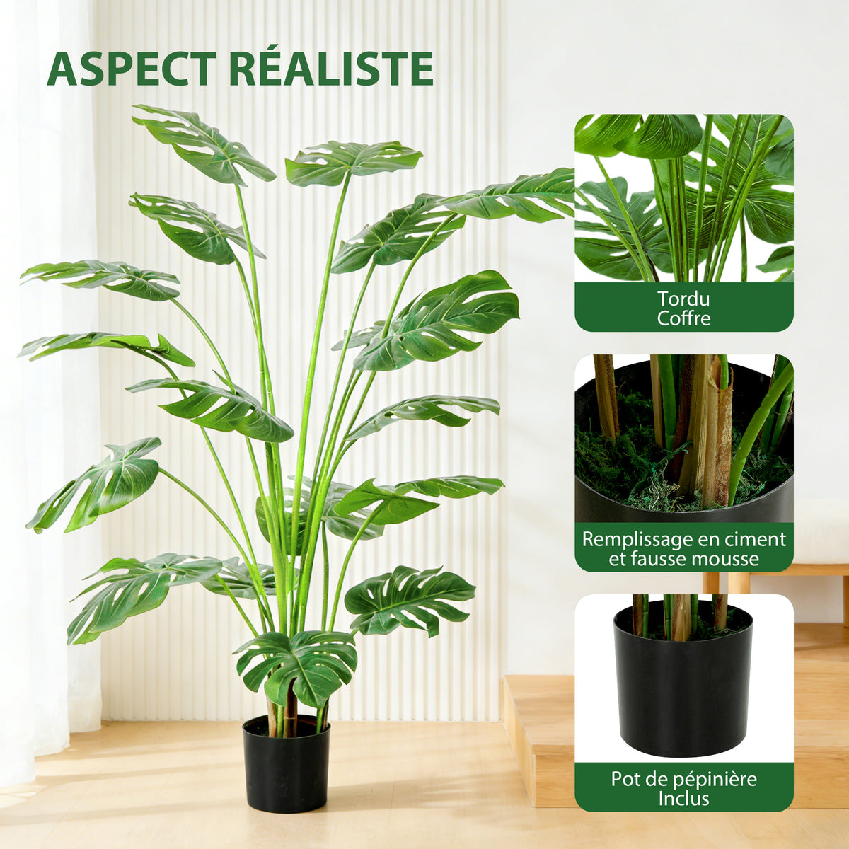 Plante artificielle arbre artificiel monstera deliciosa avec pot inclus hauteur 150 cm intérieure vert-3