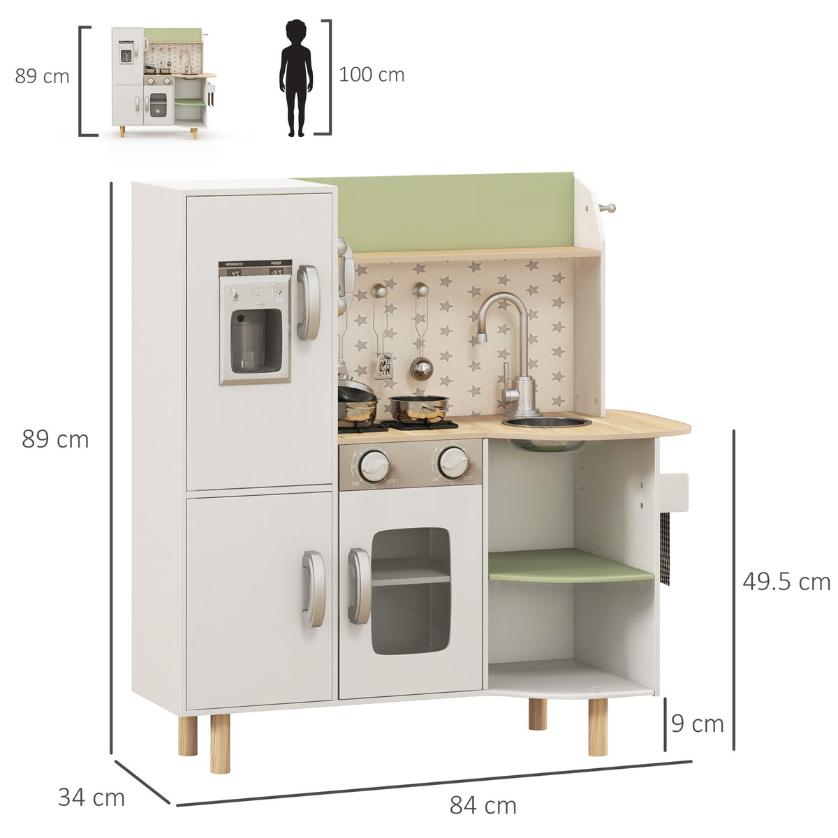 Cuisine enfant 3-8 ans jeu d'imitation avec machine à glaçons, évier mobile en acier inoxydable 84 x 34 x 89 cm blanc-2