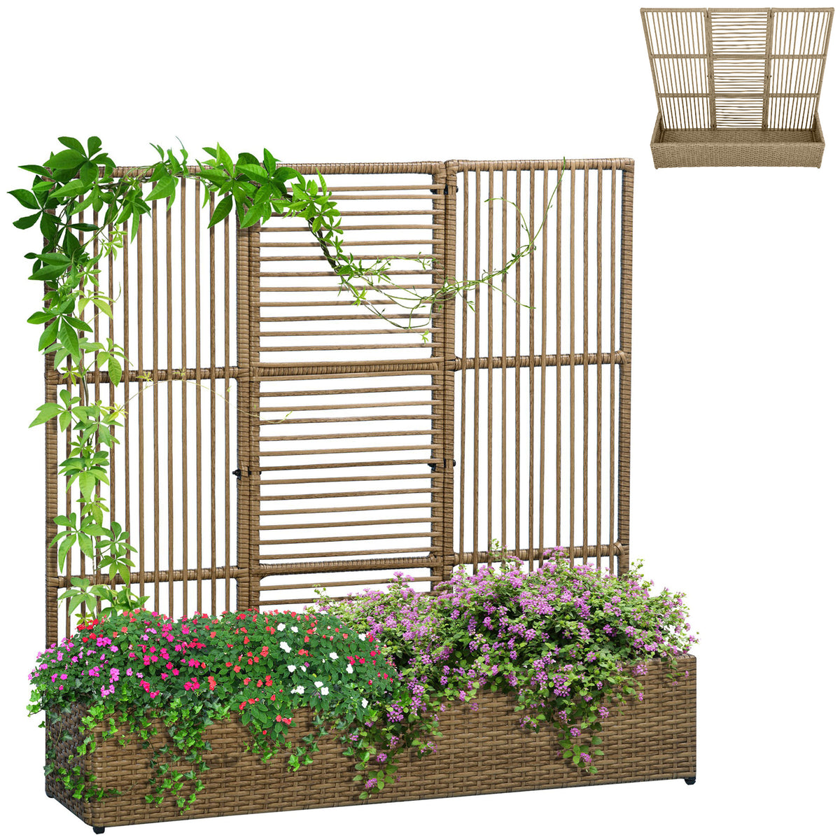 Support pour plantes avec treillis bac rectangulaire inférieur en résine tressée et acier dim. 103L x 29l x 103H cm-0