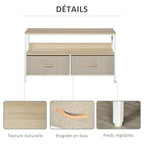 Meuble TV Bas sur Pieds Style Industriel 2 tiroirs en Tissu Gris Bois Naturel et métal Blanc-5