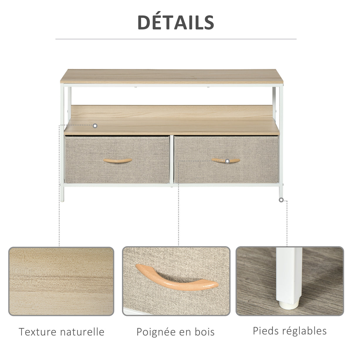 Meuble TV Bas sur Pieds Style Industriel 2 tiroirs en Tissu Gris Bois Naturel et métal Blanc-5