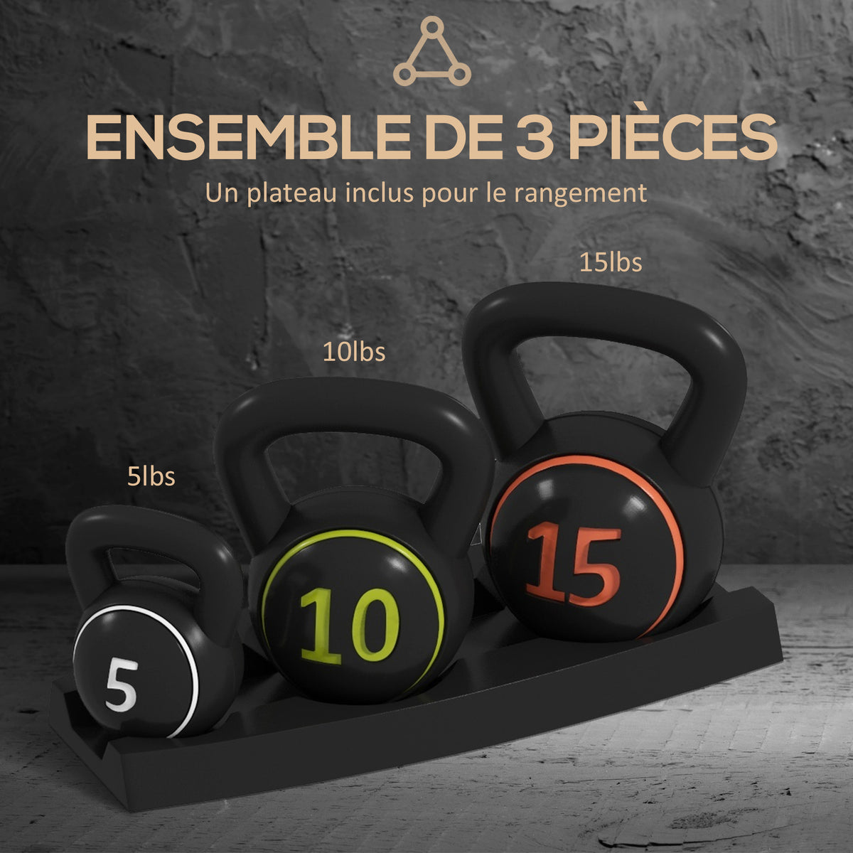 Lot de 3 kettlebells 2,2, 4,5 et 6,8 kg poignée antidérapante entraînement sport fitness avec plateau de rangement noir-3